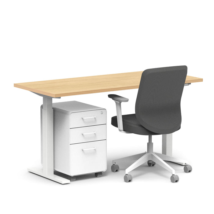 Modern office desk with wooden top, white file cabinet, and ergonomic black office chair (Natural Oak-60&quot;)