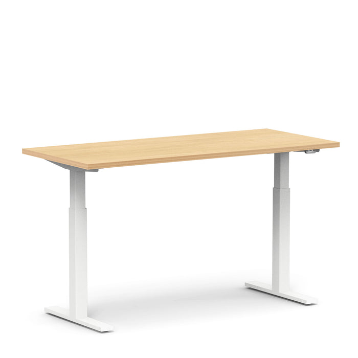 Modern height-adjustable desk with wooden top and white legs on a white background. (Natural Oak-60&quot;)