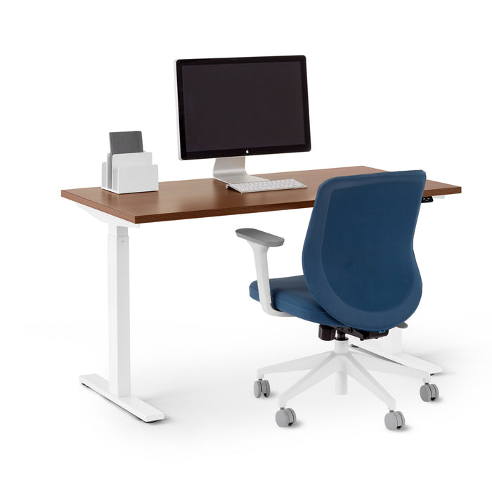 Modern office desk with computer monitor and blue chair on white background. (Walnut-47&quot;)