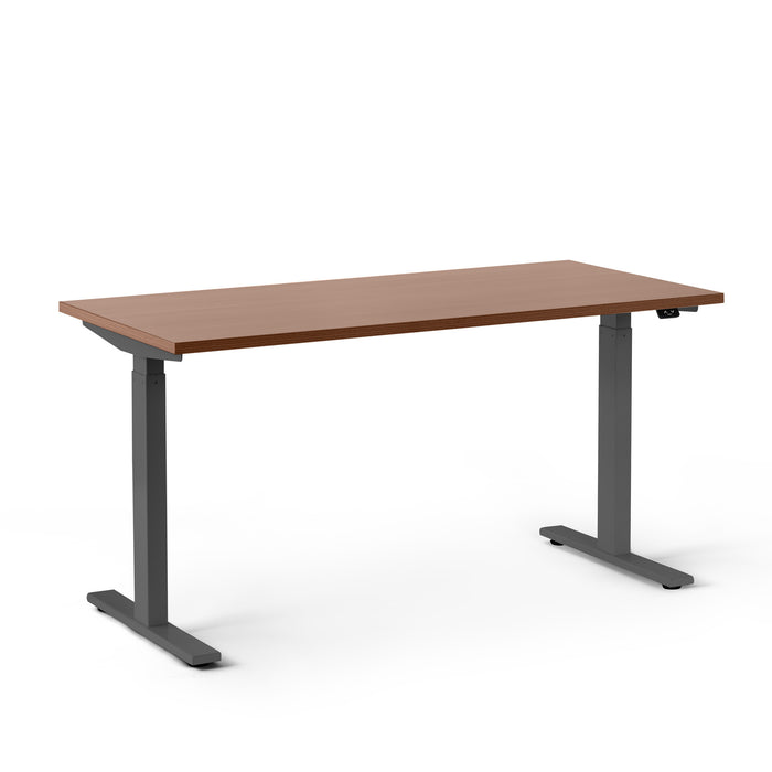 Adjustable standing desk with brown tabletop and black frame on a white background. (Walnut-57&quot;)