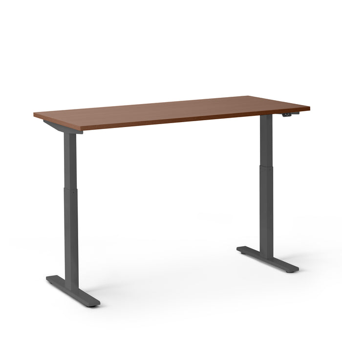 Modern standing desk with adjustable height and wooden tabletop against a white background. (Walnut-57&quot;)