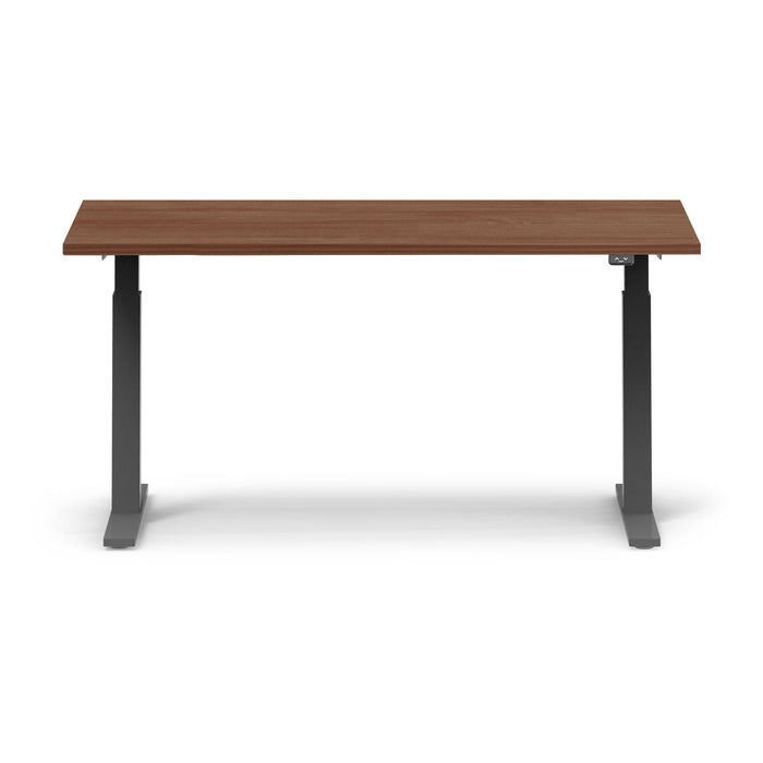 Modern adjustable standing desk with a wooden top and black frame on a white background. (Walnut-60&quot;)