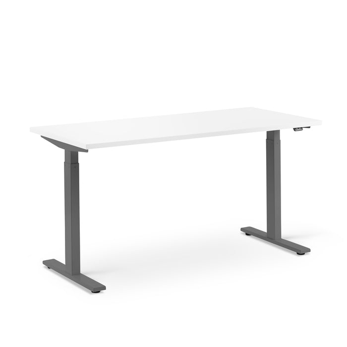 Modern adjustable white standing desk with gray legs isolated on white background. (White-57&quot;)