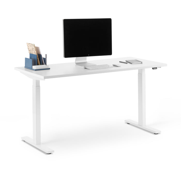 Modern white standing desk with computer monitor, keyboard, mouse, and office supplies on (White-57&quot;)
