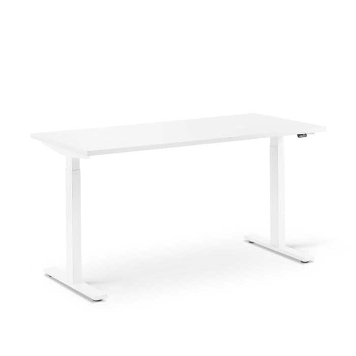 White height-adjustable standing desk with electronic control on white background. (White-57&quot;)