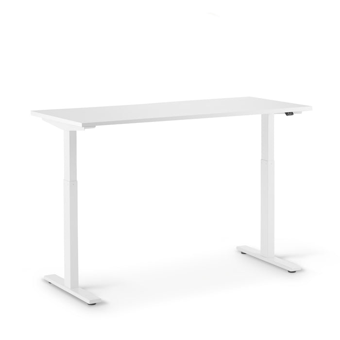 White height-adjustable standing desk with electronic control pad against a white background. (White-57&quot;)