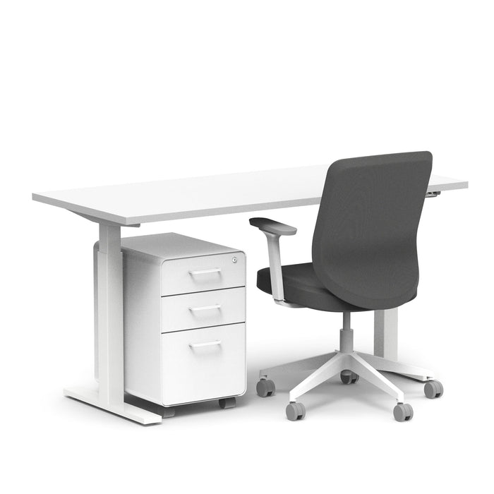Modern office desk with white top and mobile drawer unit paired with a black ergonomic office (White-60&quot;)