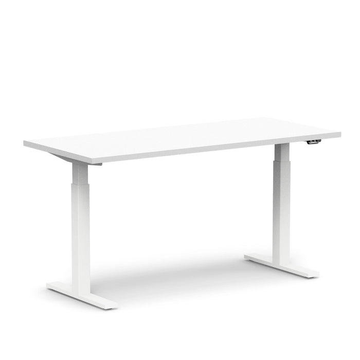 White adjustable standing desk with electronic controls on white background. (White-60&quot;)