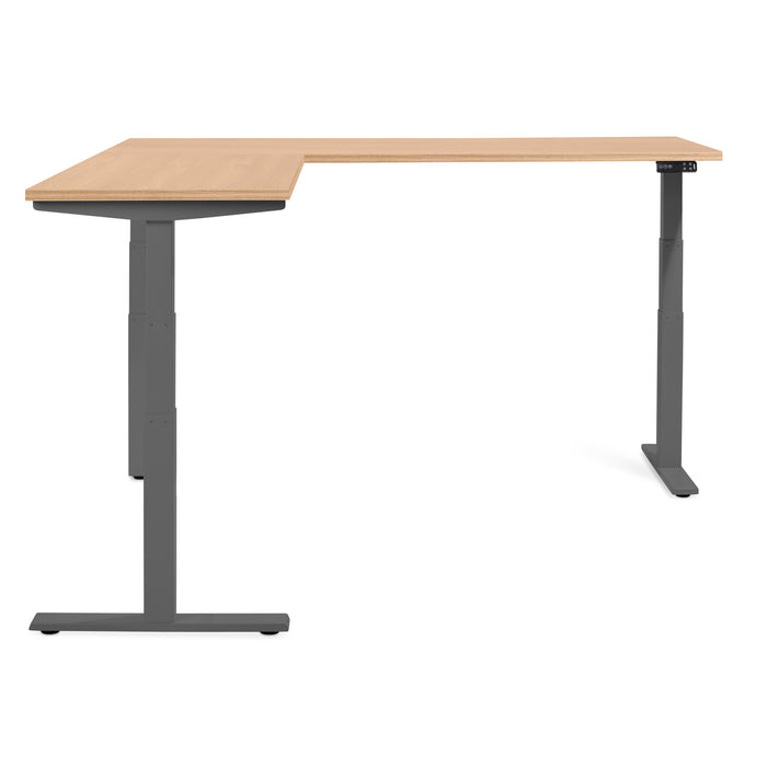 Adjustable height standing desk with wooden top and gray frame on a white background. (Natural Oak)