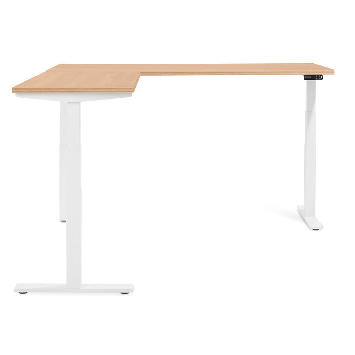 Adjustable standing desk with white frame and wooden top on a white background. (Natural Oak)