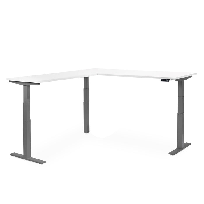 White L-shaped modern electric standing desk on a white background. (White)