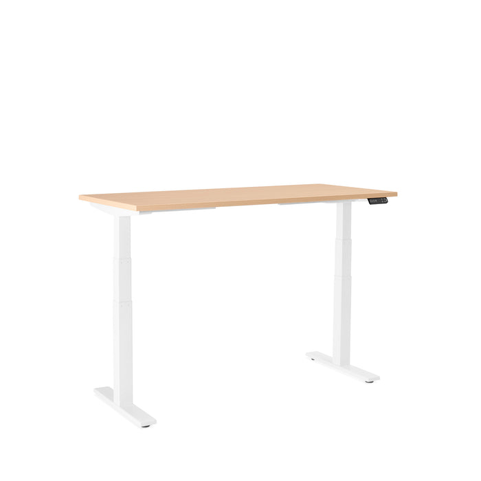 Modern adjustable standing desk with white frame and light wood tabletop on a white background. (Natural Oak-57&quot;)