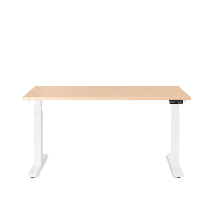 Adjustable height standing desk with white legs and wooden top on a white background. (Natural Oak-57&quot;)