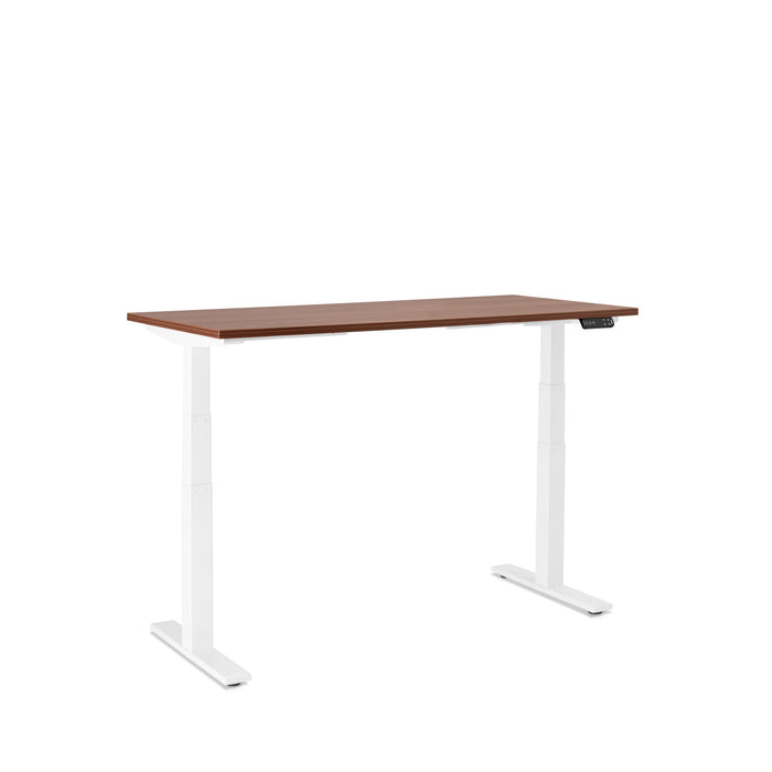 Modern height-adjustable desk with white legs and brown top on a white background. (Walnut-57&quot;)