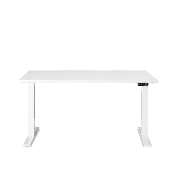 White adjustable standing desk with digital control panel on isolated background. (White-57&quot;)
