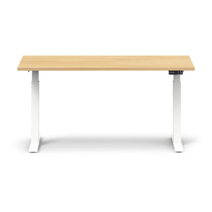Modern adjustable standing desk with wooden top and white legs on a white background. (Natural Oak-60&quot;)