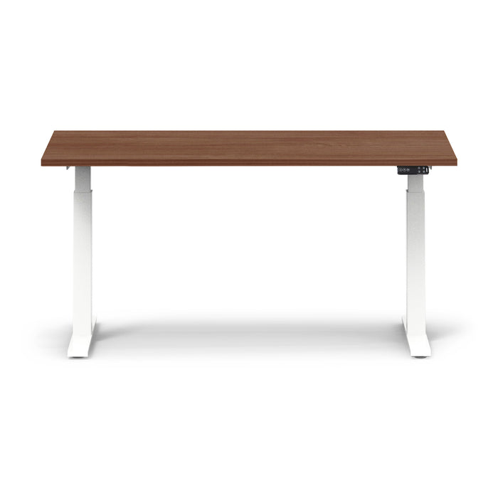 Modern adjustable-height desk with brown wooden top and white legs on a white background. (Walnut-60&quot;)