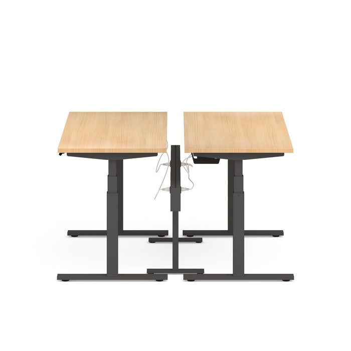 Dual motor standing desk with wooden tabletop against white background. (Natural Oak-57&quot;)