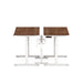 Dual sit-stand desks with white frames and brown tabletops in office setting. (Walnut-47&quot;)