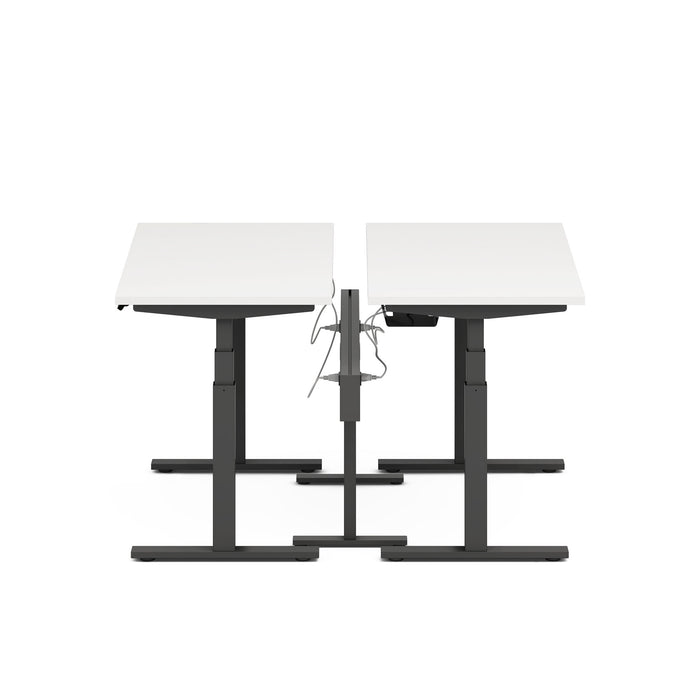 Dual motor standing desk with white tabletops and black frame on a white background. (White-57&quot;)