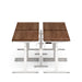 Modern height-adjustable desk with wooden top and white frame on a white background. (Walnut-57&quot;)