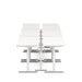 Dual white adjustable standing desks with metallic frame on white background. (White-57&quot;)