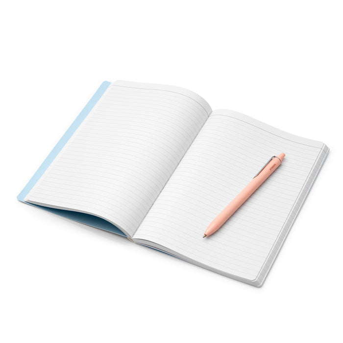 Open lined notebook with a pink pen on a white background. (Sky)
