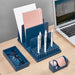 Desk organizer set with laptop on table, pen holder, and business card tray. (Slate Blue)