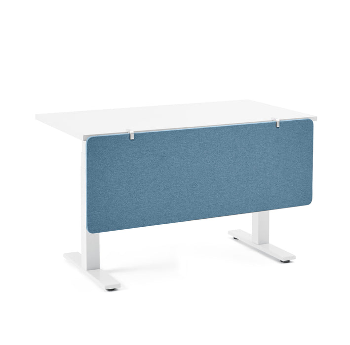 Modern white office desk with blue privacy panel on white background. (Slate Blue-45&quot;)