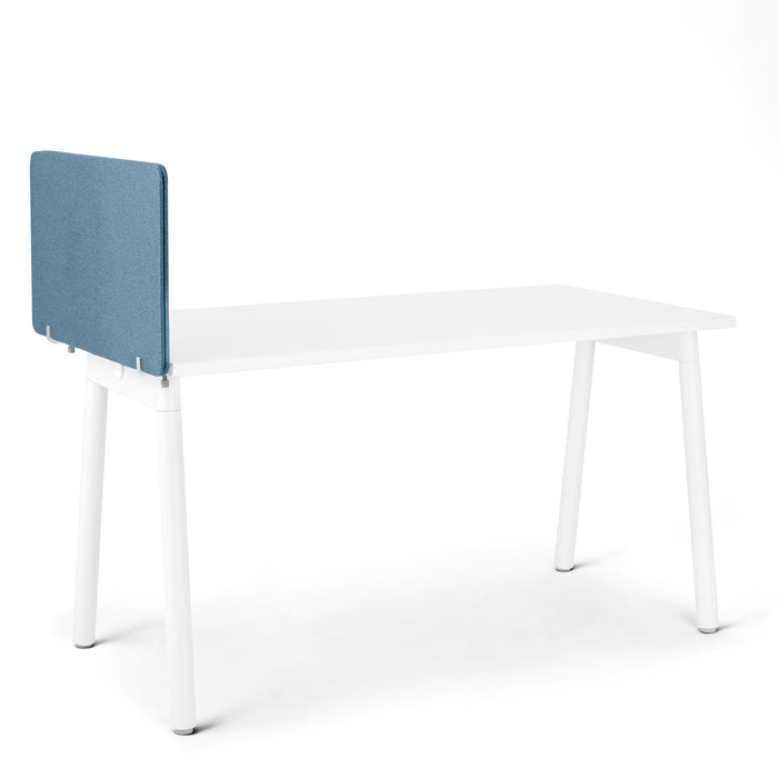 Modern white desk with blue fabric chair on a white background. (Slate Blue-27&quot;)