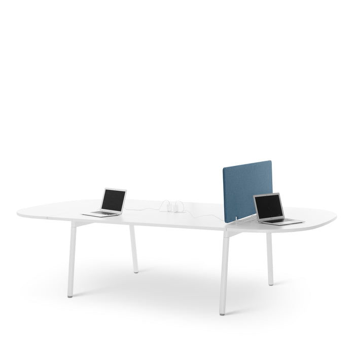 Modern white office desk with two laptops and a blue chair on a white background. (Slate Blue-27&quot;)