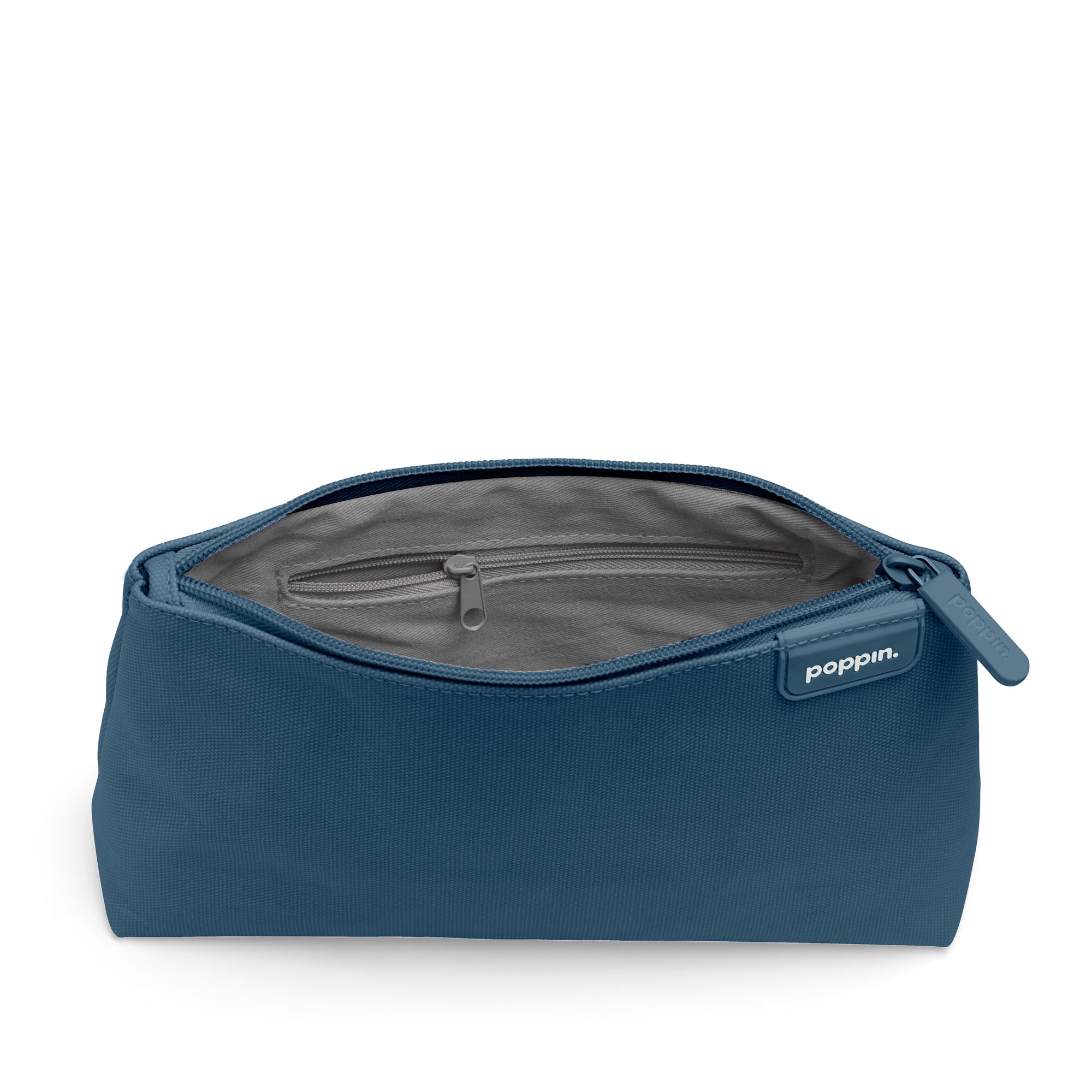 Blue Poppin brand textured cosmetic bag on white background (Slate Blue)
