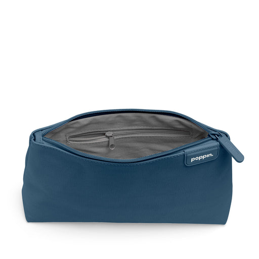 Blue Poppin brand travel pouch with zipper on white background. (Slate Blue)