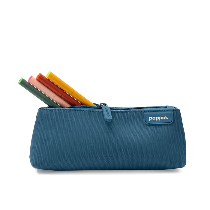 Blue fabric pencil case with colorful pens on white background. (Slate Blue)
