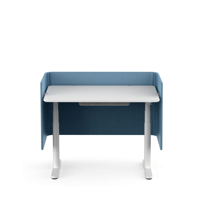 Modern white and blue office desk with privacy panel on white background. (Slate Blue-48&quot;)