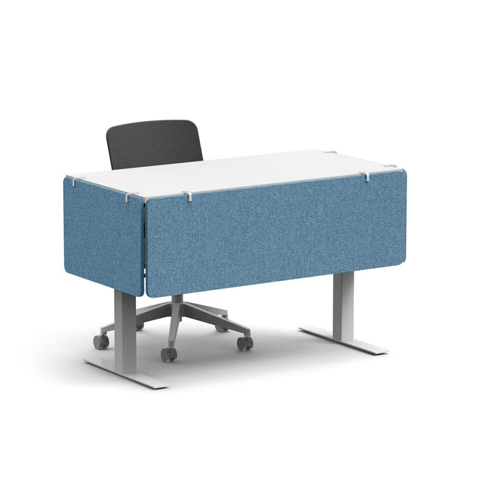 Modern office desk with blue privacy panels and a gray chair on a white background. (Slate Blue-27&quot;)