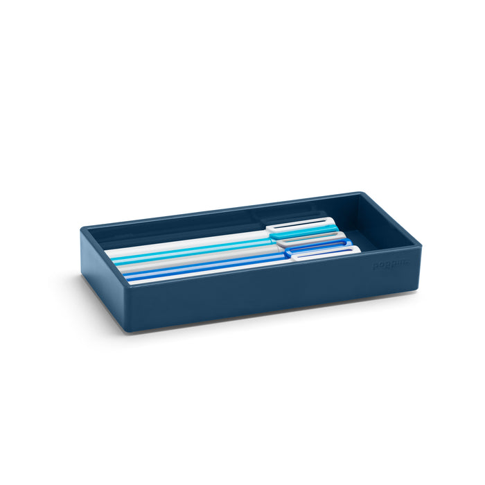 Blue desk organizer tray with white and blue pens on white background. (Slate Blue)