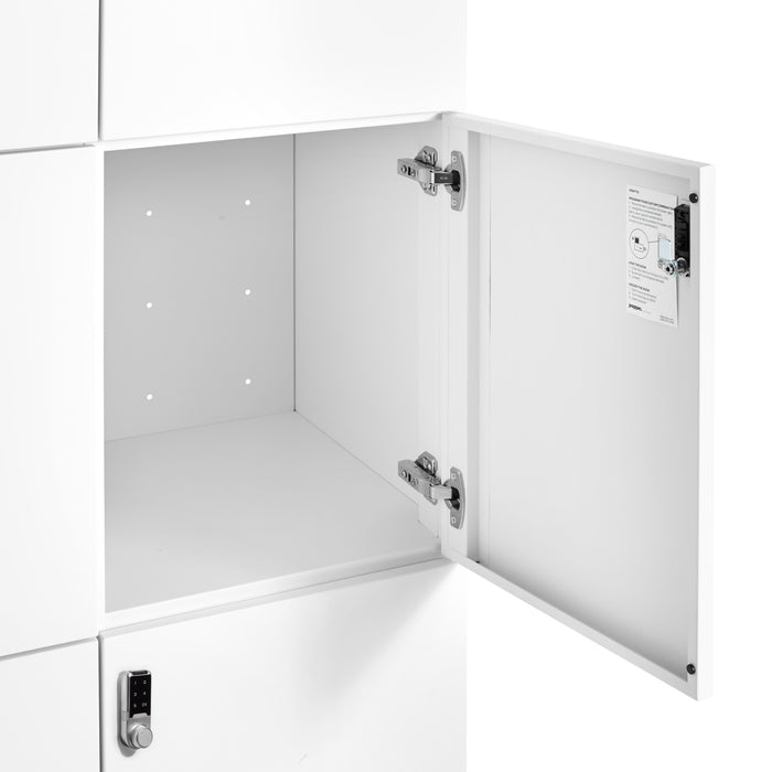 White secure storage cabinet with electronic lock and open doors (White)