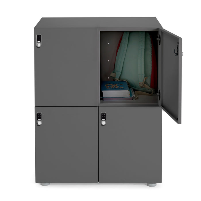 Metal storage cabinet with open compartments showing towels and books. (Charcoal)