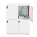 White storage cabinet with open compartment revealing books and clothing. (White)
