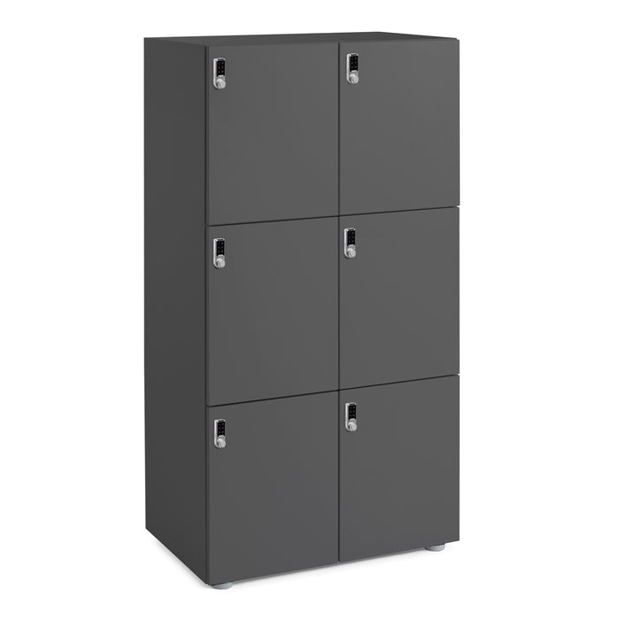 Gray metal storage lockers with closed doors on white background. (Charcoal)