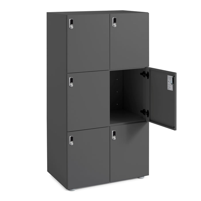 Metal locker cabinets with some doors closed and one open on a white background. (Charcoal)
