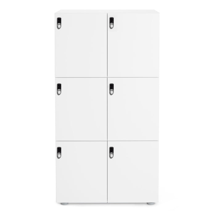 White office storage lockers with black handles isolated on a white background. (White)