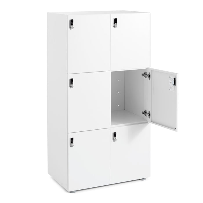 White six-cube stackable storage locker with one door open on white background. (White)