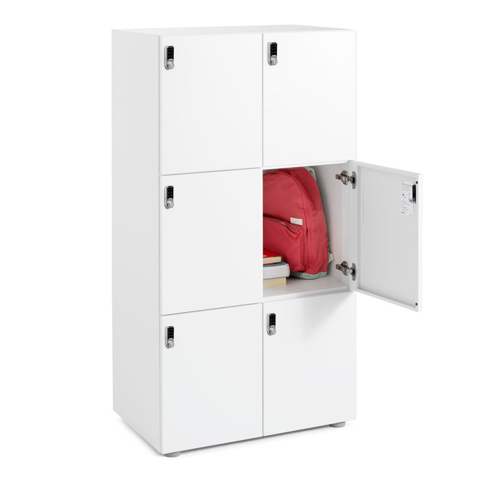 White metal lockers with one door open revealing a red backpack and books inside. (White)