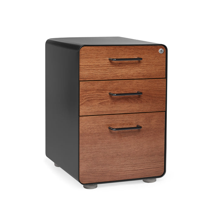 Modern wooden three-drawer file cabinet on a white background. (Walnut-Black)
