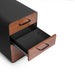 Modern black office cabinet with open drawer and wooden finish on white background. (Walnut-Black)