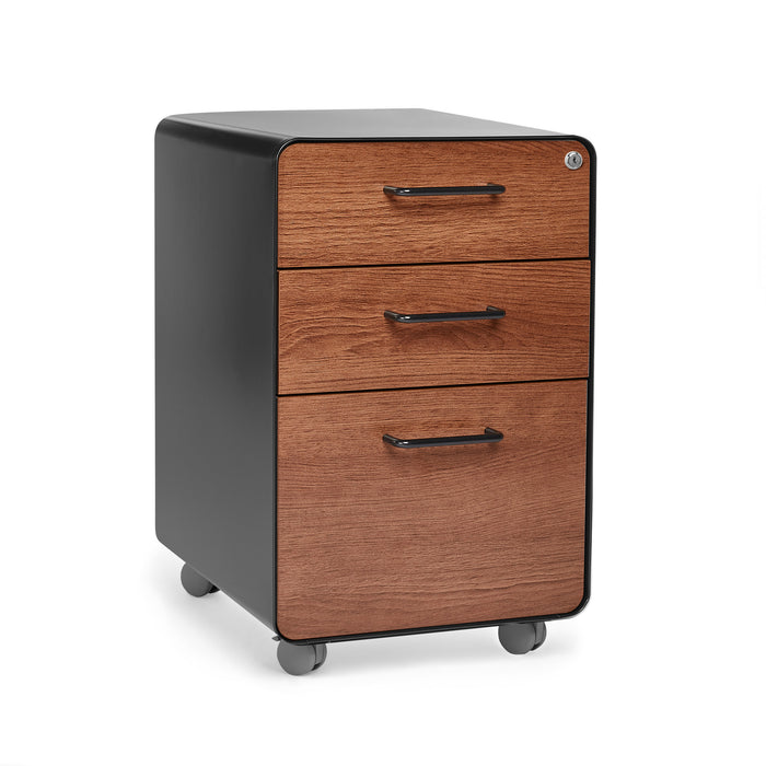 Wooden-top three-drawer mobile pedestal file cabinet on white background. (Walnut-Black)