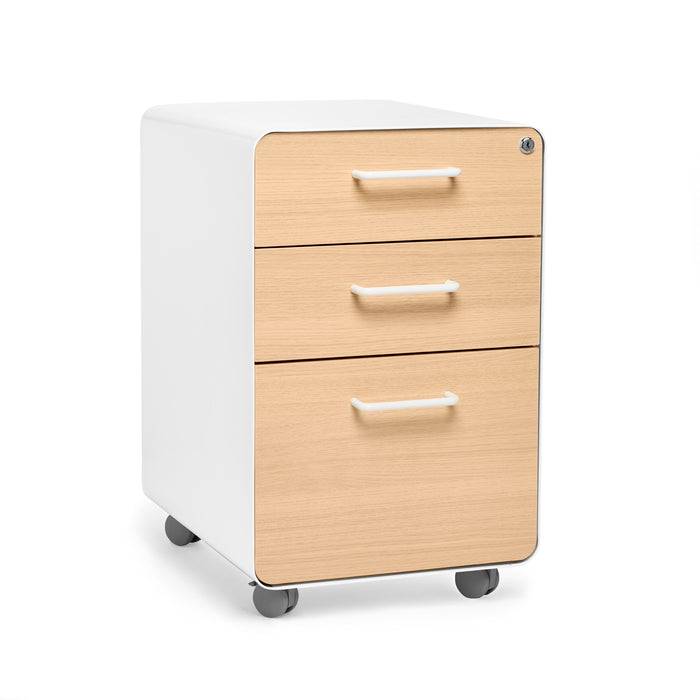 Modern mobile wooden file cabinet with three drawers on white background. (Natural Oak-White)