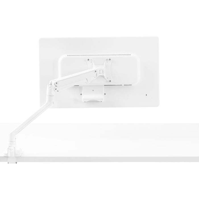 White adjustable monitor arm mounted to a desk with a cable management system on a white background. (White)